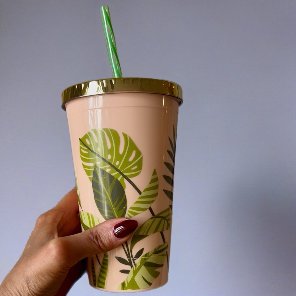 Leafy Green and Cream Tumbler with Straw - Picture 5 of 8